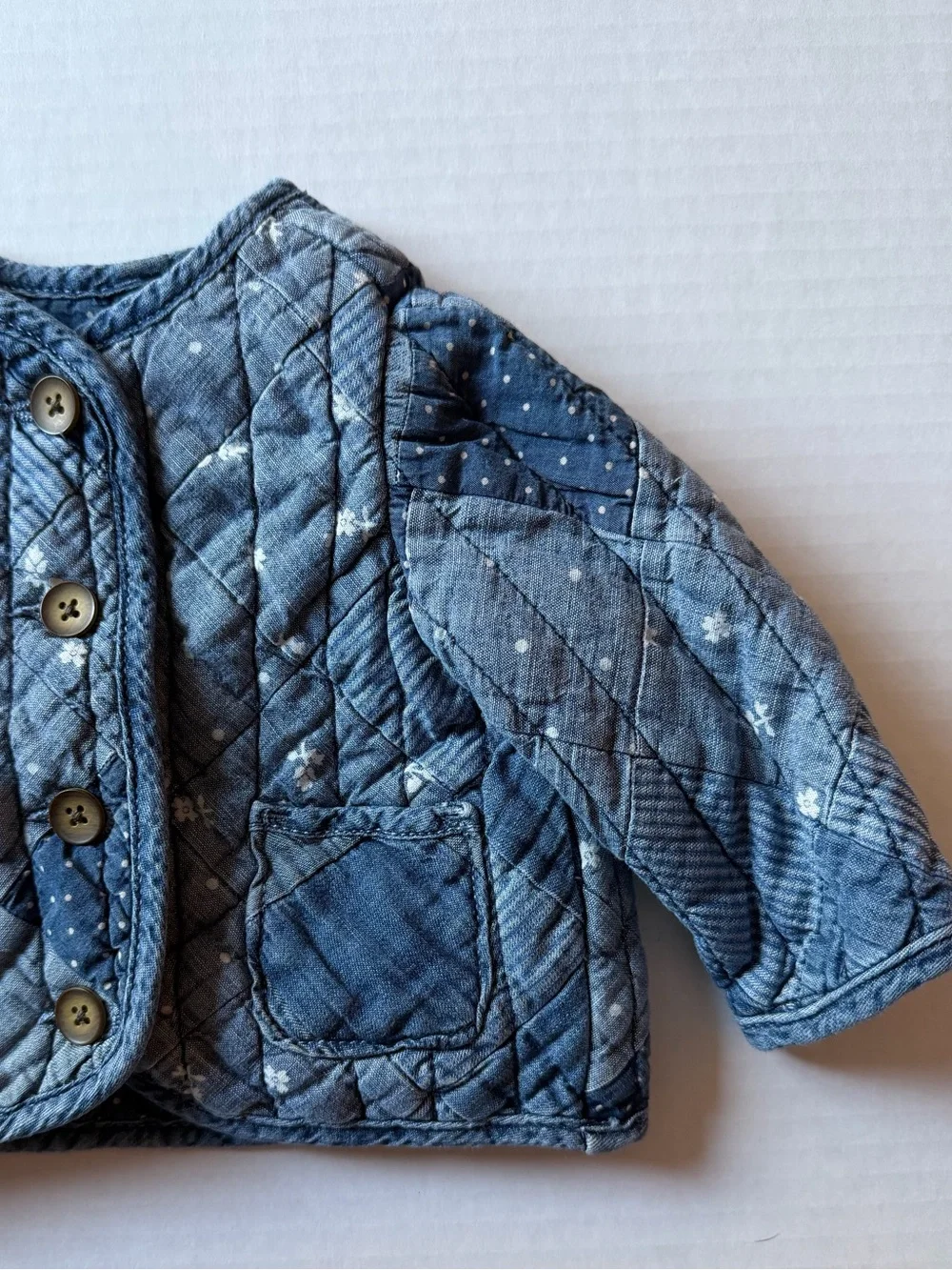 Baby Gap Denim Quilted Patchwork Jacket 0-6M Floral Polka Dot